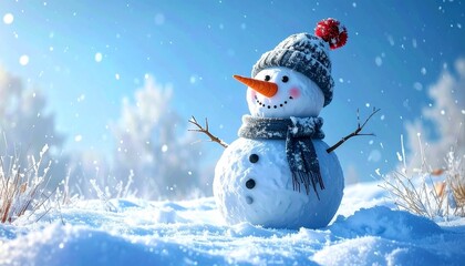 A cheerful snowman with a carrot nose and knitted hat stands in a snowy winter landscape.