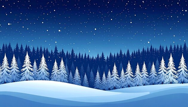 Animated winter landscape with snow-covered pine trees under a starry night sky as snow falls gently.