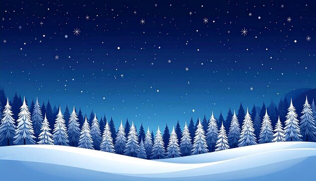 A beautiful winter landscape with snow-covered pine trees under a starry night sky.