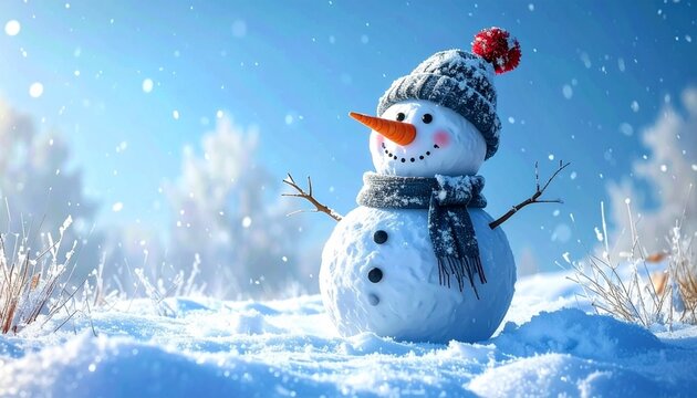 A cheerful snowman with a carrot nose and knitted hat stands in a snowy winter landscape.