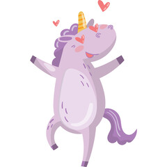Pixel Art Lavender Unicorn Character With Purple Mane and Tail Dancing Happily Surrounded by Pink Hearts and Sparkles on a Transparent Background with a Yellow Horn