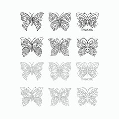 butterfly set with thank you text in outline vector style