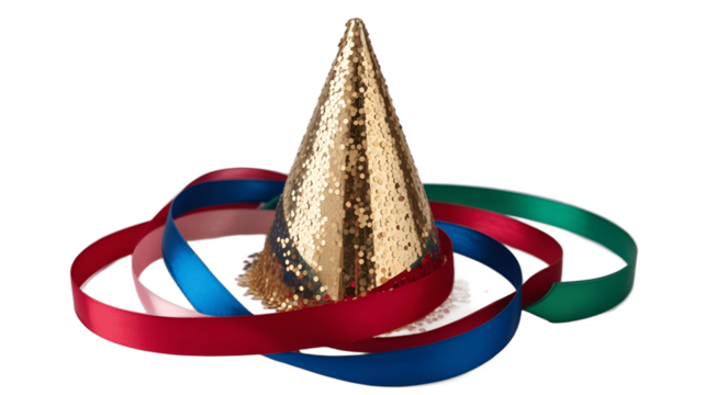 A golden party hat with colorful ribbons, ideal for festivities.