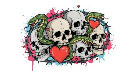 A vibrant illustration featuring skulls intertwined with snakes and hearts, set against a colorful splash background