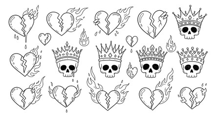 Collection of hand-drawn tattoo designs featuring broken hearts, flames, and skulls with crowns