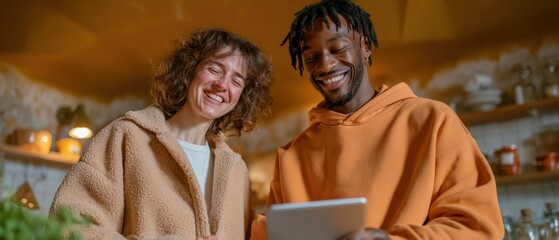 Joyful Modern Couple Cooking in Smart Kitchen Lifestyle Content for Tech Advertising and Authentic Social Media Marketing