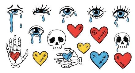 Collection of hand-drawn illustrations featuring eyes, hearts, and skulls with vibrant colors and emotions