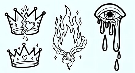 Illustrative collection of crown and flame designs with eye motif, showcasing artistic elements and symbolism