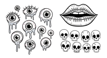 Collection of spooky cartoon eyes, skulls, and stitched lips for Halloween-themed designs