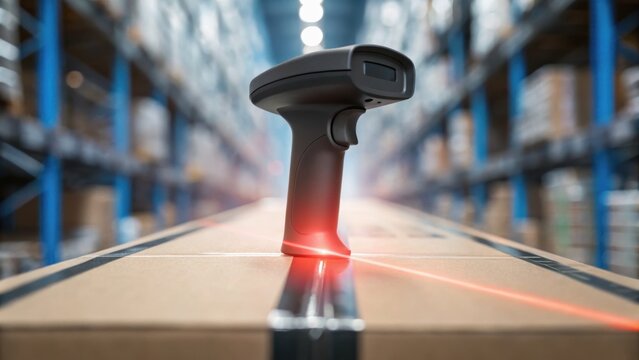 A barcode scanner is focused on a cardboard box in a warehouse, showcasing logistics and inventory management.