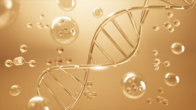 Gold DNA and molecular structure, Skin care cosmetic concept, 3D rendering