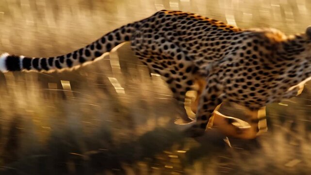 A cheetah is running through tall grass. The grass is brown and dry. The cheetah is in the middle of the field. A cheetah sprinting across the grasslands embodying agility