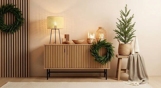 Cozy Christmas Decor: Wreath, Tree, Candles, and Warm Lighting on Wooden Cabinet