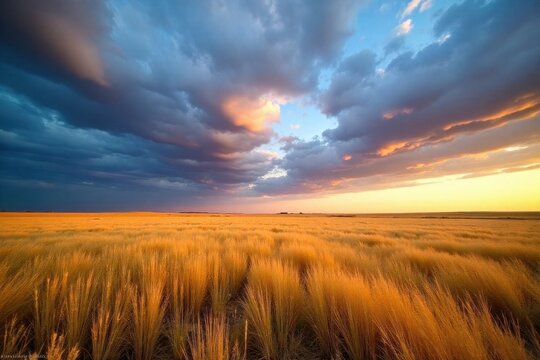 Vast Prairie Landscape in a Canadian Provincial Park A sweeping vista of rolling golden prairie grasses stretching to the horizon. A dramatic sky filled with large, textured clouds dominates the