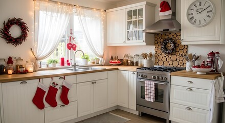 Cozy Christmas Kitchen Decorated with Festive Wreaths, Stockings, and Warm Lighting.