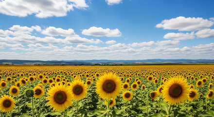 Obraz premium Vibrant sunflower field under a blue sky with fluffy clouds. Perfect for summer backgrounds, nature themes, or agricultural projects. Inspires joy and warmth.