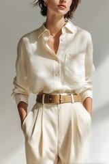 Minimalist fashion photography of linen shirt and beige trousers displayed in clean studio with neutral background, soft daylight, aesthetic composition, no face, focus on outfit texture.