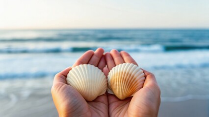 Hands holding two seashells with the ocean in the background, evoking a sense of peace and connection to nature.