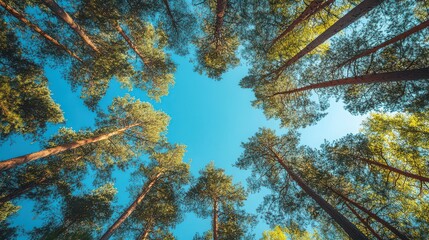 Looking up at the sky through the canopy of tall trees in a forest