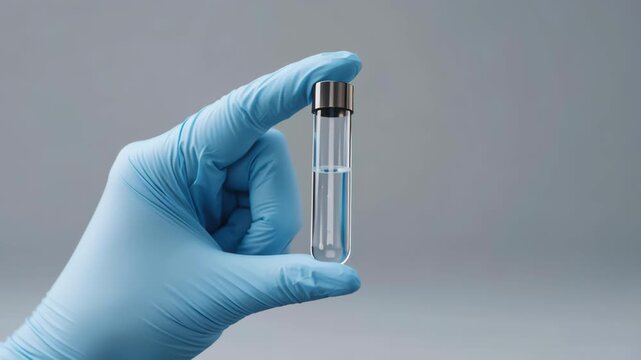 Gloved hand test tube vial liquid laboratory medical sterile glass vial held by gloved hand small clear sample container for laboratory testing