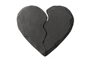 Cracking dark slate heart symbolizing heartbreak, grief, and emotional separation on transparent background