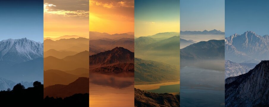 Collage of scenic mountain landscapes and sunset.