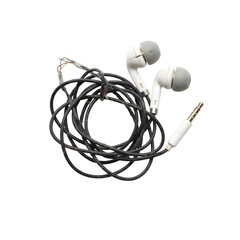 Tangled broken white wired earbuds and audio jack