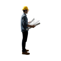 Engineer in hard hat holding blueprints isolated on transparent background looking away