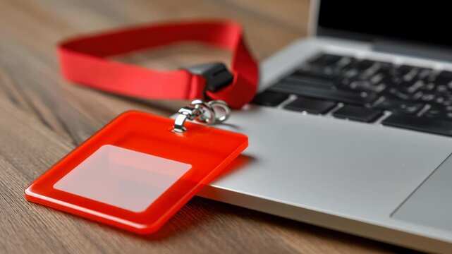 Red badge lanyard id card laptop keyboard desk work access pass office technology professional focused staff convey security and access