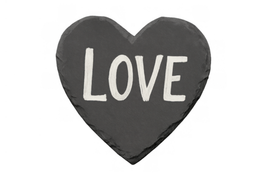 Heart shaped slate stone with chalk drawn love word, representing romance, affection and special celebration feelings