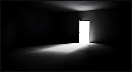 Empty square room with grayscale shot of an open door letting light into a dark room