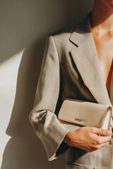 Close-up of a woman's torso wearing a luxurious blazer and bag, standing against a simple wall, natural light, aesthetic editorial style.