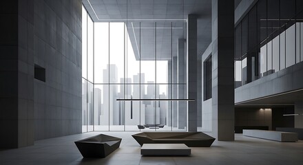 Abstract futuristic concrete and glass architecture. Minimalistic interior.