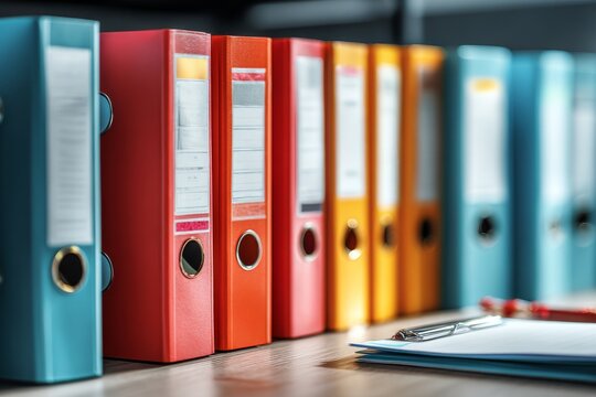 Folders with documents on table in archive