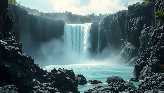A majestic waterfall plunges into a vibrant turquoise pool surrounded by dark, rugged cliffs and lush green foliage under a bright sky. - Powered by Adobe
