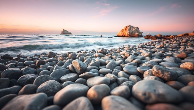 Smooth, weathered pebbles line a rocky beach at sunset, with gentle waves lapping the shore and a dramatic rock formation in the distance.