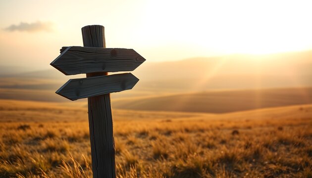 Wooden signpost with two arrows pointing in opposite directions in a vast, golden field at sunrise. - Powered by Adobe