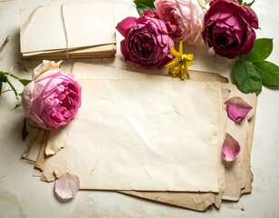 Bouquet of roses atop aged papers, petals, and old envelopes