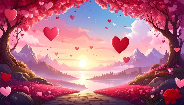 Animated landscape with pink trees, floating hearts, and a sunset view