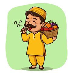 Funny vector cartoon illustration of a young man eating a pizza or sandwich