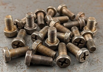 Collection of weathered bolts with cross recess on scratched backdrop