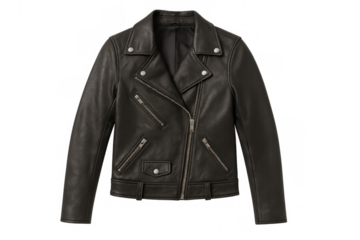 Black leather motorcycle jacket, classic biker fashion style, contemporary clothing, casual outerwear with zip