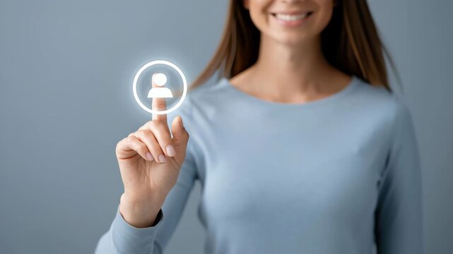 Young woman touching virtual user icon profile touchscreen with fingertip, smiling and confidently selecting person digital interface networking - Powered by Adobe