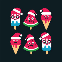 Cute summer treats with Santa hats, watermelon pops, ice cream cones, holiday dessert characters, Christmas in July vector