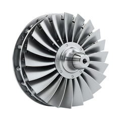 Closeup of a shiny metal turbine isolated on transparent background, studio shot