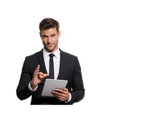 - portrait of a handsome businessman holding a digital tablet and gesturing with his hand while standing isolated against