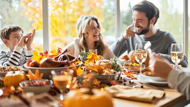 A family is sitting at a table with a lot of food, including a turkey. There are several people at the table. A family of four sitting at a beautifully set thanksgiving day