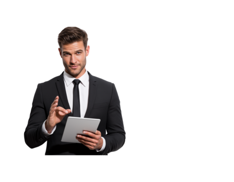  - portrait of a handsome businessman holding a digital tablet and gesturing with his hand while standing isolated against