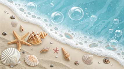 Sea shells and starfishes on sandy beach. Summer vacation concept