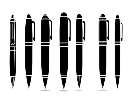 Black silhouette depiction of seven various writing instrument designs